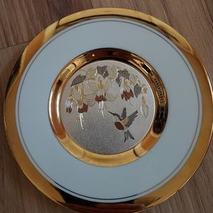 Chokin Art 24kt Gold Rim 6.5" Plate Hummingbird and Flowers